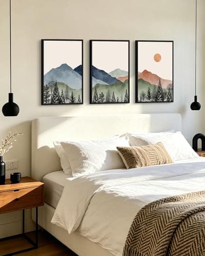 KUVIOKE Vintage Mountain Framed Wall Art Watercolor Nature Boho Sun Rise Paints Farmhouse Rustic Room Decor Ready to Hang 16x24in (Black Framed) - Thumbnail 2