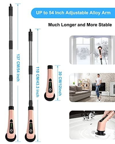 Leebein Electric Spin Scrubber, Cordless Powerful Scrub Brush for Cleaning Bathroom, Kitchen, Shower Tub and Floor Tile with Adjustable Extension Long Handle and 8 Replaceable Brush Heads(Rose) - Thumbnail 6