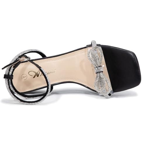 Athlefit Black Rhinestone Bow Heels for Women Open Square Toe Low Heels Ankle Strap Dressy Block Heeled Sandals Size 6 - Thumbnail 4