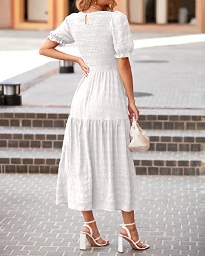 dowerme Womens Summer Dresses 2025 Casual Puff Short Sleeve Crewneck Smocked Flowy Ruffle Boho Beach Party Maxi Sundress(White,Medium) - Thumbnail 5