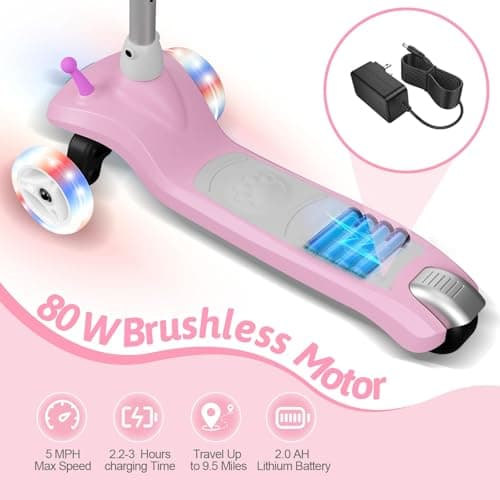 Slaypo 3 Wheel Electric Scooter for Kids Ages 2–8, LED Lighted Wheels, Extra Wide Anti-Slip Deck, 3 Adjustable Height Handlebars & Lean to Steer Technology, 80W Motor Scooter for Boys & Girls - Thumbnail 3