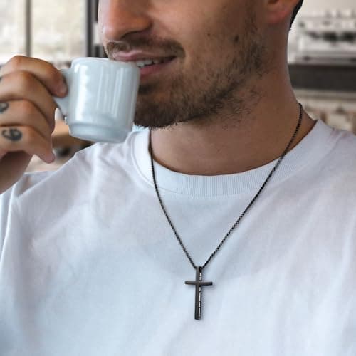Ursteel Easter Gifts for Men Easter Basket Stuffers, Black Silver Cross Necklace for Men Stainless Steel Mens Cross Necklaces Chain Pendant Crucifix Necklace Religious Christian Gifts for Mens Jewelry - Thumbnail 3