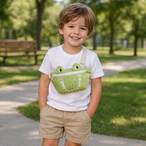 SUNVENO Kids Fanny Pack, Cute Crocodile Cartoon Waist Bag for Boys & Girls, Adjustable Crossbody Belt Pouch Ages 2-8, Travel Beach & Birthday Gift - Thumbnail 3