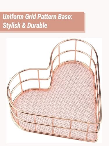 Rose Gold Wire Storage Basket, Metal Mesh Organizer for Desk/Cosmetic/Bathroom/Laundry Room, Decorative Bin with Heart Pattern, Sturdy & Multi-Purpose for Home Organization - Thumbnail 3