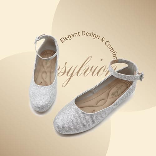 unsylvion Women's Ballet Low Wedge Flats with Round Toe and Ankle Strap Stylish Comfortable Casual Shoes for Work,Office,Business Silver - Thumbnail 5