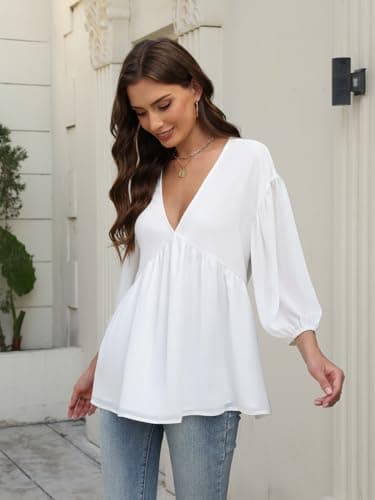 Aotasely Women's Flowy Peplum Babydoll Tops 3/4 Length Puff Sleeve Shirts Trendy Casual Loose Fit Blouse V Neck Outfits White - Thumbnail 2