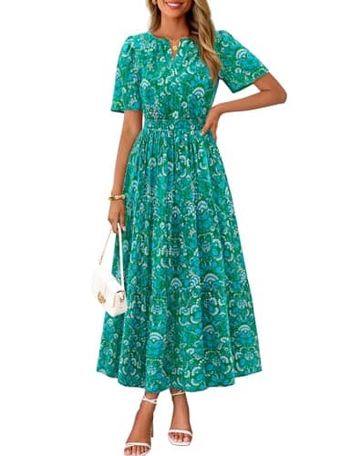MEROKEETY Women's Spring Summer Floral Maxi Dresses 2026 Casual Beach Vacation Boho V Neck Short Sleeve Midi Dress Pockets, Green, Small - Image 1