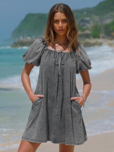 EXLURA Womens Summer Denim Short Puff Sleeve Dresses Knit Loose Plus Size Short Mini Dress 2026 Trendy Spring Outfits - Thumbnail 3