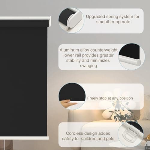 Changshade Cordless Roller Shades Blackout Blinds for Indoor Windows,Pull Down Darkening Roller Shade with UV Protection and Thermal Window Shades for Home and Office(38" W x 72" H,Black) - Thumbnail 3