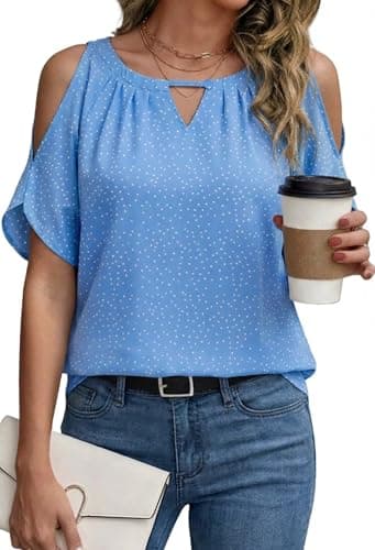 Women Cold Shoulder Tops Casual Summer Short Sleeve Crew Neck Dressy Work Blouses Dot Pints Chiffon Tunic Shirts BL XL Blue - Thumbnail 5