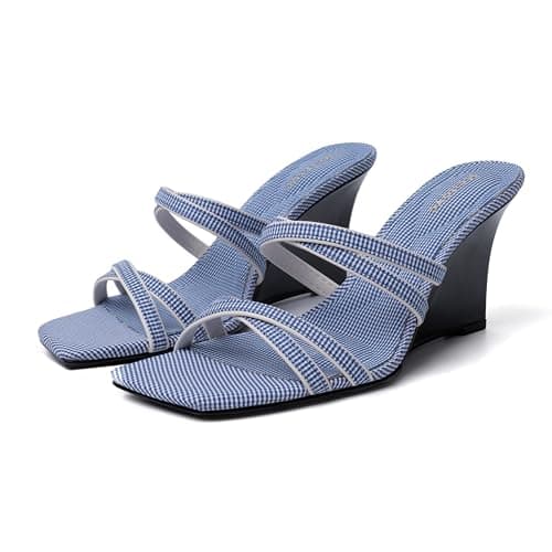 Reitoye Women's Wedge Blue Fabric Sandals Square Open Toe Slides Wedge Sandals Heels Slip On Wedge Heeled Sandals Shoes Size 7.5 - Image 1