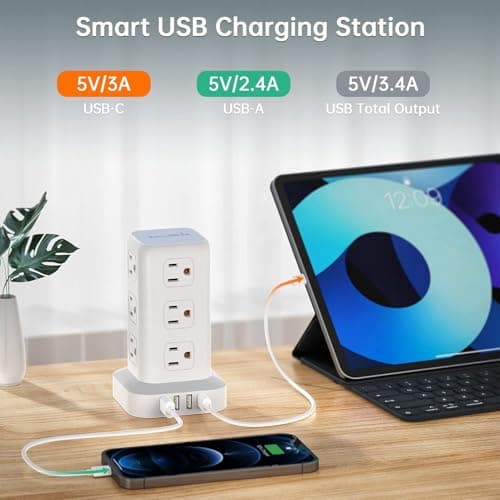 Tower Surge Protector Power Strip with USB 12 Outlets with 4 USB Ports (1 USB C), 10FT Extension Cord Multi Plug Outlet Extender Overload Protection for Home Office - Thumbnail 2