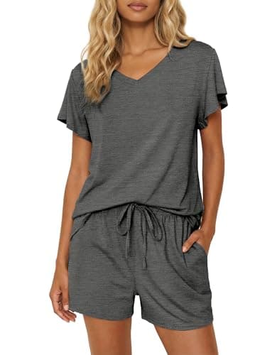 Ekouaer Pajamas Set Women Casual Ruffle Sleeves Soft Comfy Loungewear Set with Pockets,Small,Deep Gray