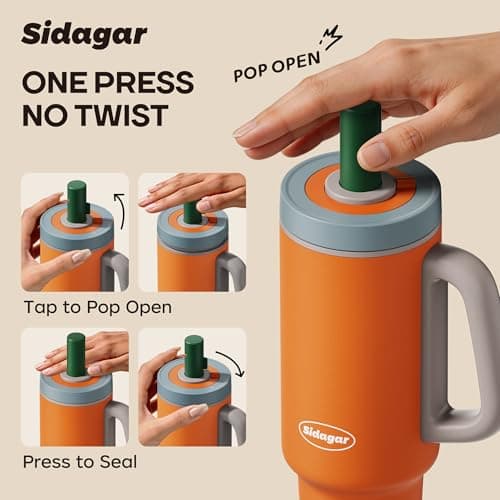 Sidagar Tumbler with Handle,36 oz Ceramic Lined Travel Mug Water Bottle with Straw,Vacuum Insulated Stainless Steel Cup with Lid,Fits Cup Holder, Leak Resistant Press-in Lid,Orange - Thumbnail 4