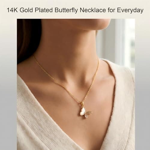 14K Gold Plated Dainty Pendant Butterfly Necklace,Dazzling 3 Layer Gold Plated Butterfly Pendant Necklace for Women, Shiny Chain with Mother of Pearl Cubic Zirconia Golden Butterfly Necklace - Thumbnail 2
