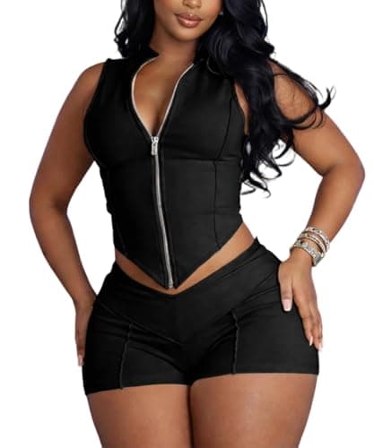 ABKY Sexy Club Outfits for Women Going Out Lapel Zip-Up Crop Tank Top and Skinny Shorts Sets Women 2 Piece Outfit Black S