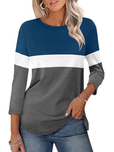 JDWZSI Women's 3/4 Sleeve Tops Color Block Crew Neck Shirts Summer Casual Tops Fashion Fall Outfits Clothes - Image 1