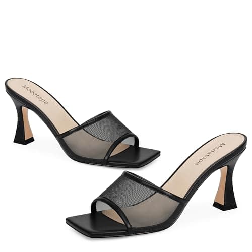 Black Heels for Women Open Toe Mules Mesh Slip On Sandals Heels for Women Size 6.5 - Thumbnail 6