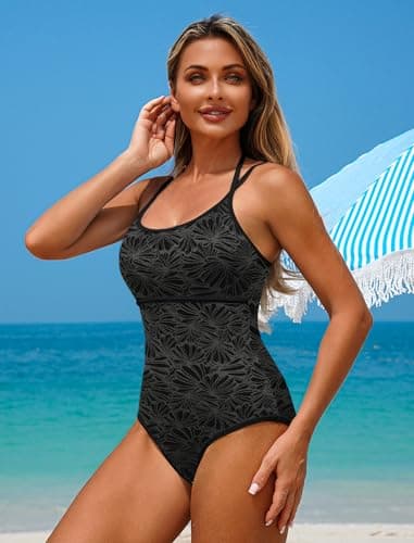 ZAFUL One Piece Swimsuit Women Tummy Control Bathing Suit Sexy Slimming High Cut Adjustable Strap Halter Swim Suit Retro Floral Print Tie Back Sporty Swimwear Modest Push Up Swimsuits Black,XS - Thumbnail 3