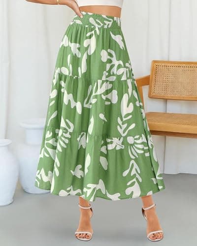 BTFBM Skirts for Women Summer 2026 Floral Print A Line Elastic High Waist Boho Maxi Skirt Spring Fashion Clothing Pocket(Leaf Green, XX-Large) - Thumbnail 2