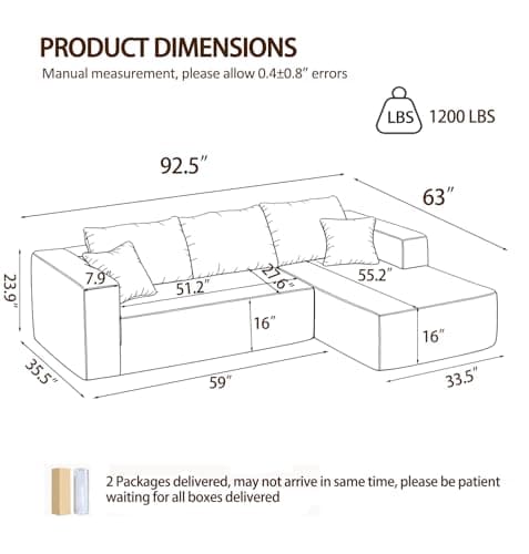 92.5" Modualr Sectional Sofa, L-Shape Corduroy Cloud Couch with Chaise, Upholstered Memory Foam Boneless Couch for Living Room, No Need Assembly - Blue(Right Facing Chaise) - Thumbnail 2