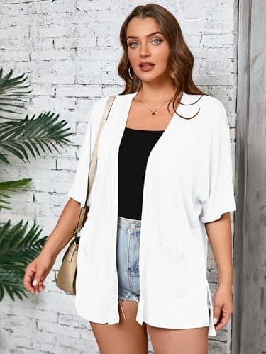 AusLook Plus Size White Cardigan for Women 1X Short Sleeve Lightweight Open Front Shrug with Pockets for Dresses and Layering - Thumbnail 5