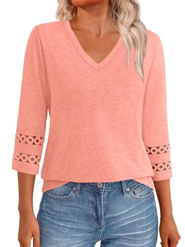 GKBK 3/4 Length Sleeve Womens Tops Dressy Casual Blouses for Women 2026 Trendy Beach Vacation Business V Neck Outfits Tshirts T Shirts Spring Summer Fashion Clothes Coral L - Image 1