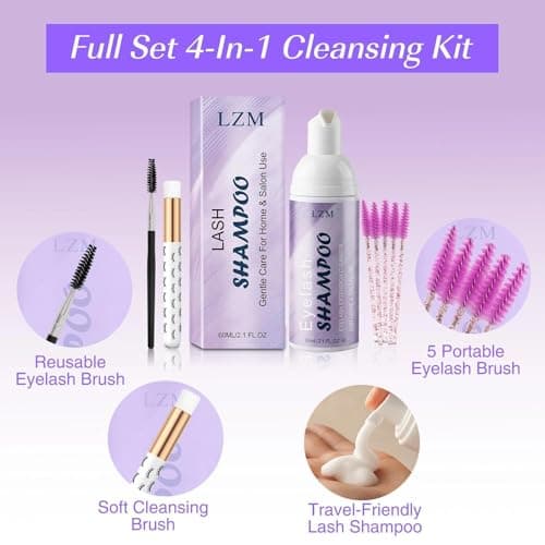 LZM Lash Shampoo Kit for Eyelash Extensions (2.02 fl oz), Lash Cleaner Foam and Lash Wash with Brush, Reusable & Spoolies, Gentle Eyelash Extension Cleanser for Professional and Daily Care - Thumbnail 2