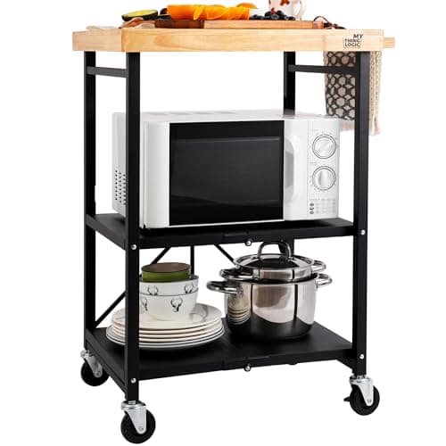 Mythinglogic Foldable Kitchen Storage Cart, 3-Tier Rolling Cart with Solid Oak Top, Heavy-Duty Metal Utility Rack for Microwave, Pots, Dish Set, Meal Prep Area, Kitchen Island on Lockable Wheels - Image 1