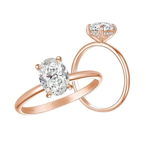 SILVERNANA 1.5ct Oval Moissanite Engagement Ring for Women D Color VVS1, Rose Gold Plated Sterling Silver Hidden Halo Solitaire Ring, Oval Cut Promise Ring Size 4