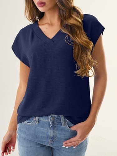 GKBK Women Tops Cap Sleeve Textured Dressy Casual V Neck Shirts 2026 Summer Business Work Blouses Outfits Navy Blue S - Thumbnail 6