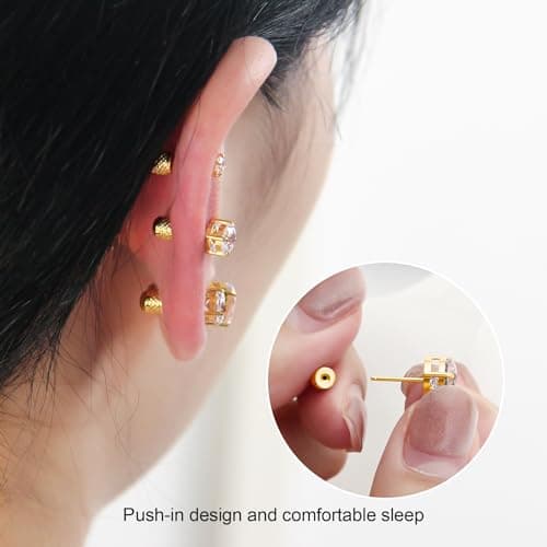 Hypoallergenic Threadless Flat Back Earrings,1 Pairs Cartilage Stud for Women Men Titanium Post 20G None Screw Easy Push in Gold Black Silver Stainless Steel Flatback with CZ 3-8mm (Gold Stud, 4mm) - Thumbnail 2