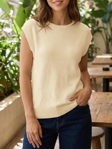 Saodimallsu Womens Cap Sleeve Sweater Tops Casual Crewneck Lightweight Knit Loose Summer Sleeveless Sweater Vest Apricot - Thumbnail 2