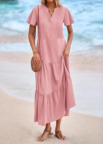 KIRUNDO Summer Maxi Dresses for Women 2026 Spring Fashion Short Sleeve Button V Neck Pleated Loose Tiered Swing Flowy Dress(Pink, Medium) - Thumbnail 6