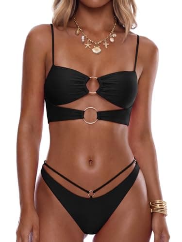 ANRABESS Bikini Sets for Women Summer Sexy Double Loop Cheeky Thong Bathing Suits Beach Vacation Swimwear Black Large - Image 1