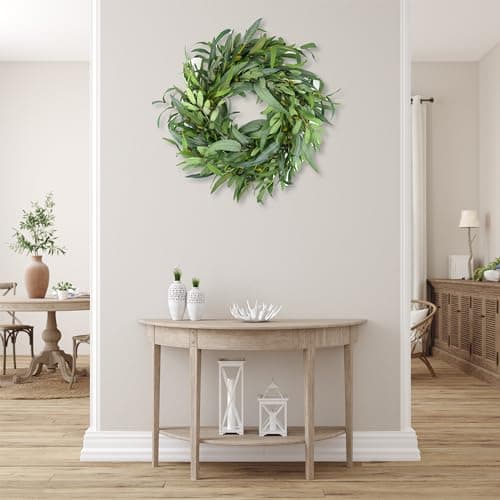 Olive Wreath for Front Door 22 inch, Greenery All Season Wreath with Olive Leaf Fruit, Home Decoration for Outdoor Living Room Indoor Wall and Outside Summer All Season Wedding - Thumbnail 6