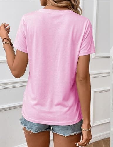 LaGracia Women's Cotton T Shirt V-Neck Short Sleeve Shirt Classic-Fit Casual Breathable Tee Summer Basic Tops Pink M - Thumbnail 3