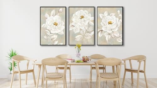 ASDCEUTICALS Large Canvas Wall Art - Beige Bloomy Flower Wall Decor, Vintage Floral Paintings, Aesthetic Botanical Pictures for Living Room Bedroom Office Bathroom Framed Artwork 24" X 36" X 3 Pcs - Thumbnail 4