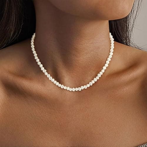 Fezodo Pearl Necklaces for Women, Dainty White Pearl Choker Necklace Tiny Small Pearls Necklace Bridesmaid Necklaces for Wedding Prom Pearls Jewelry Gifts - Thumbnail 3