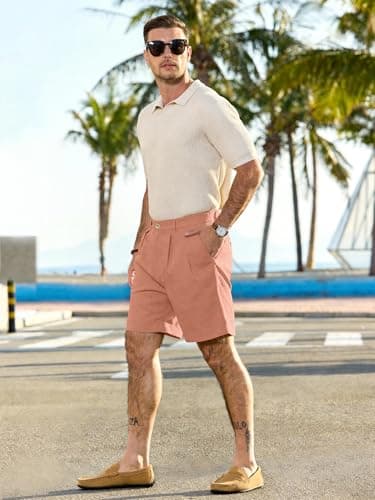 JEMLDL Men's Cotton Linen Shorts 7" Casual Pleated Summer Vacation Resort Beach Elastic Waist Tropical Vibrant Shorts with Pockets Flamingo Small - Thumbnail 3