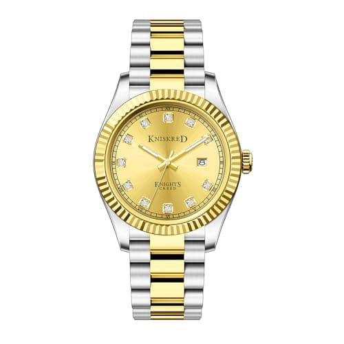KNISKRED Classic Watch for Men with Solid Stainless Steel Band and Calendar Men’s Dress Watch Water Resistant (Silver Gold) - Image 1