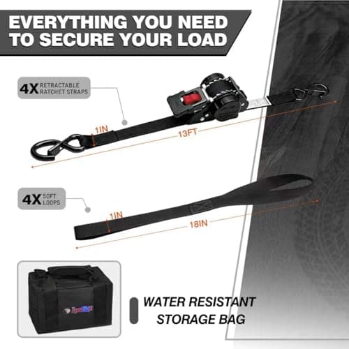 Retractable Ratchet Straps1In x 13Ft - Heavy Duty Auto Slow Retraction Tie Down Straps - 1,800lb Break Strength Self Retracting for Truck, Cargo Trailer, Motorcycle, ATV, UTV - Black, 4Pack - Thumbnail 4