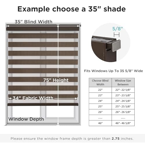 Joydeco No Drill Zebra Blinds for Windows, Cordless Day & Night Dual Sheer Roller Shades, Easy Installation, Free-Stop Lift System, Light Filtering Privacy Blinds for Home(Coffee,33" W x 75" H) - Thumbnail 3