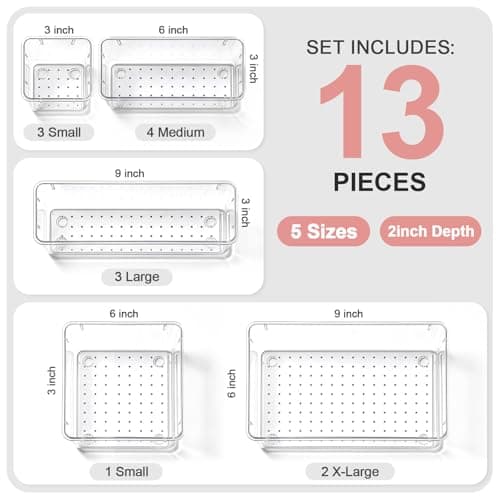 Asnews 13 Pcs Makeup Drawer Organizer Set, 5 Sizes Versatile Vanity Drawer Organizer for Makeup, Non-Slip Desk Organizer Trays for Bathroom, Bedroom, Office, Fits Jewelry and Office Supplies - Thumbnail 2