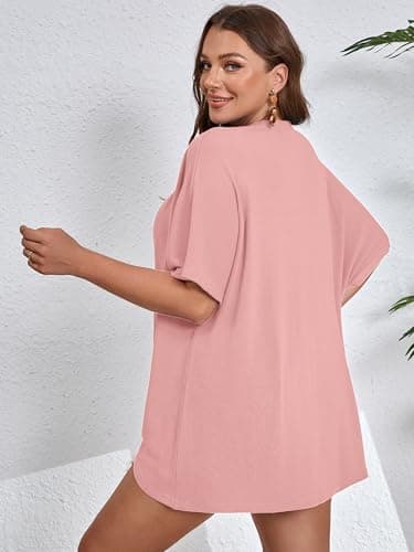 AusLook Women's Plus Size Short Sleeve Lightweight Open Front Cardigan Pink 1X Cover Ups Shrugs Shawls and Wraps Kimono Jacket Coat - Thumbnail 2