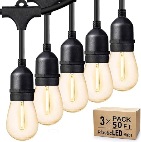 Svater Outdoor String Lights 150FT, E26 Socket, 48pcs S14 Shatterpoof Bulbs, 1 Watt Dimmable 2700K Warm White, IP65 Waterproof Commercial Grade Patio Lights（3 Pack X 50FT） - Image 1