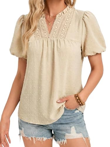 Funlingo Womens Tops Puff Sleeve V Neck Dressy Casual Blouses Summer Flowy Swiss Dot Boho Babydoll Short Sleeve Shirts Trendy Clothes 2026 Beige S - Image 1