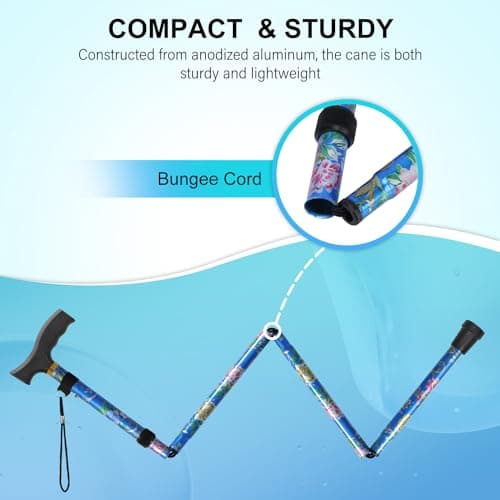 supregear Folding Cane, Lightweight 5-Level Adjustable Walking Stick with Wrist Strap and T-Handle, Portable Mobility Aid for Elderly and Disabled Men and Women, Floral Blue - Thumbnail 5