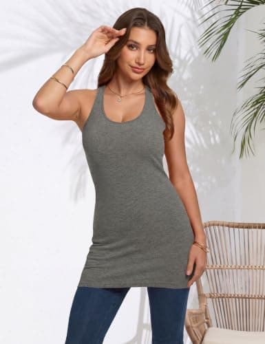 Missclub 3 Pack Grey Shelf Bra Tank Tops for Women Ribbed Racerback Long Tank Top with Shelf Bra Cotton Tunics M - Thumbnail 2