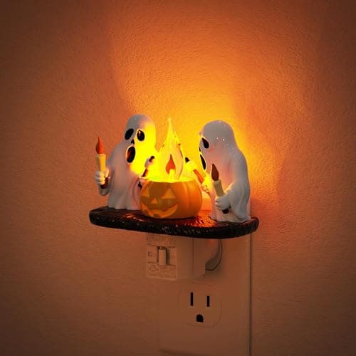 Halloween Night Light,Amber Night Lights Plug into Wall,Cute & Funny Flaming Jumping Night Light,Plug in Ghost & Pumpkin Nightlight with 360° Rotatable for Kids Halloween Party Decor, 1 Pack - Image 1